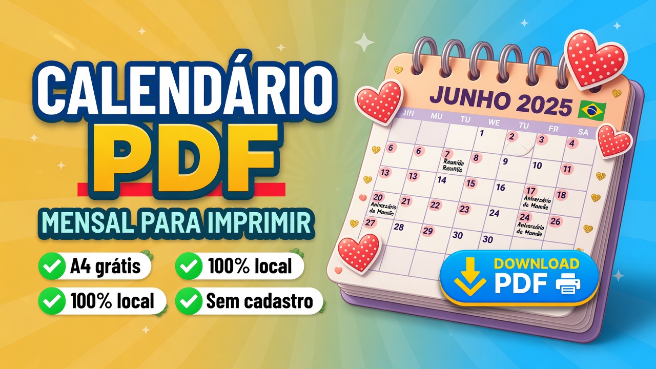 Calendário Mensal PDF Grátis para Imprimir