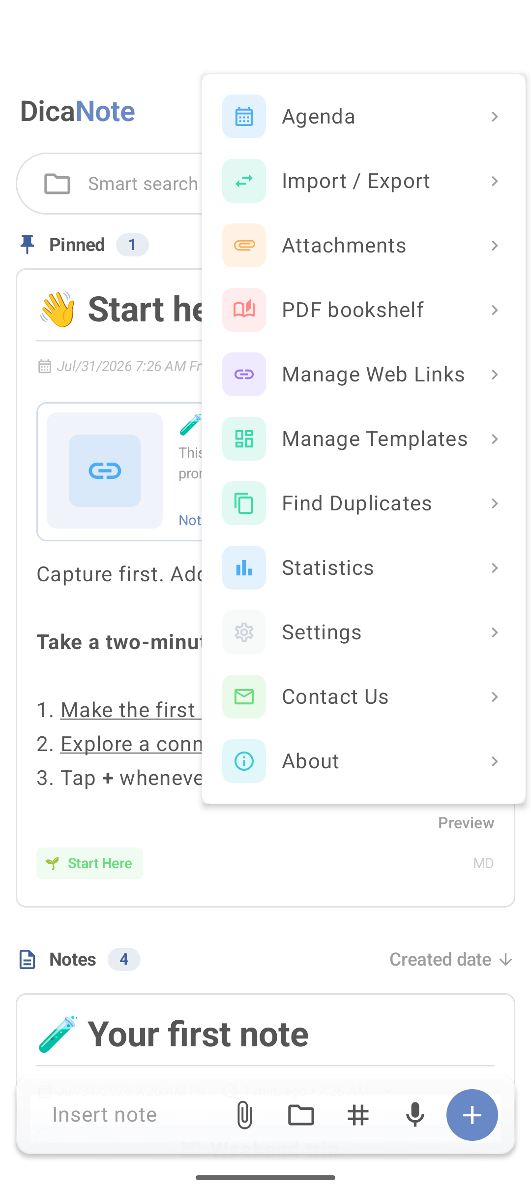 Menu principal do DicaNote com Agenda, Importar e Exportar, Anexos, PDFs, Links, Modelos, Estatísticas e Configurações