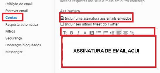 Painel para inserir assinatura de email Yahoo Mail
